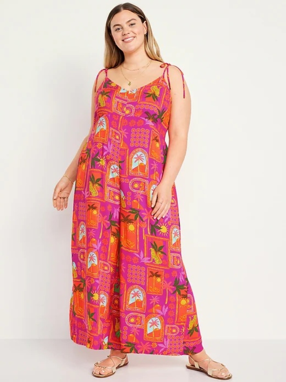 Old Navy Tropical Animal Print Wide Leg Jumpsuit Adjustable straps large